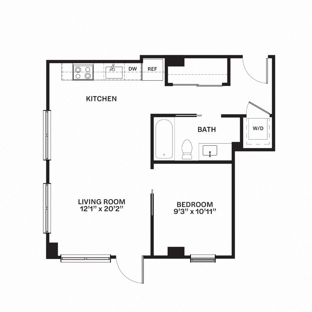 Floor plan for 1 bed, 1 bath, 650 sqft